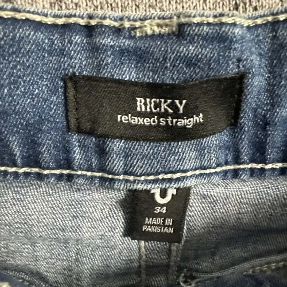 True Religion Men's 34 Blue Stretch Denim Ricky Relaxed Straight Leg Jeans